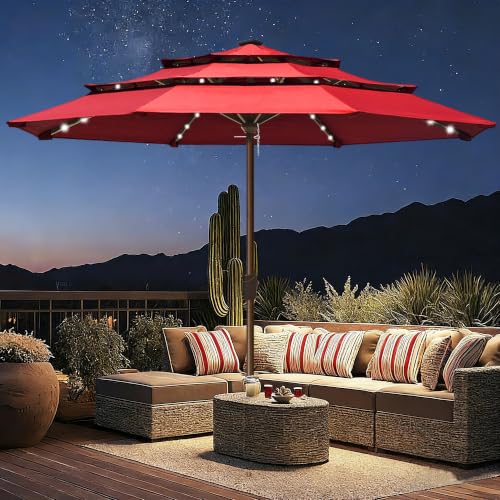USA 10-Year-Non-Fading 10ft 3-Tier Market Patio Umbrella, Commercial Table Umbrella with 80 Solar LED Lights, Crank Open, Windproof & UPF 50+ UV Protection for Garden, Deck, Pool, Backyard, No Tilt, Logo Red (Logo Red / 10FT(Triple Vents No Tilt))