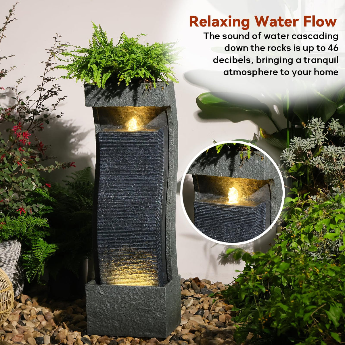 35H Modern Outdoor Water Fountain with Warm Light (35" Tall / Grey-35")