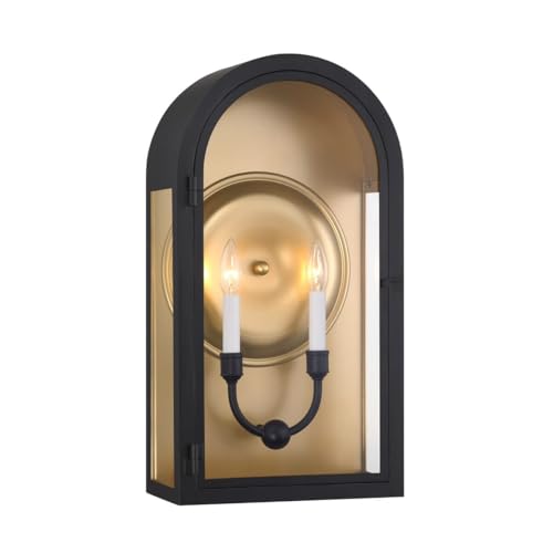 5-412-331 Grotto Modern Clear Glass Outdoor Wall Lantern, 2-Light 120 Total Watts, 23" H x 12" W, Matte Black with Vintage Gold (23" Height)