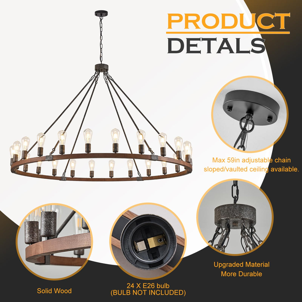 Farmhouse Wagon Wheel Chandelier 59" Black Rustic Light Fixtures 24 (Walnut / 24-Light 59 inch)