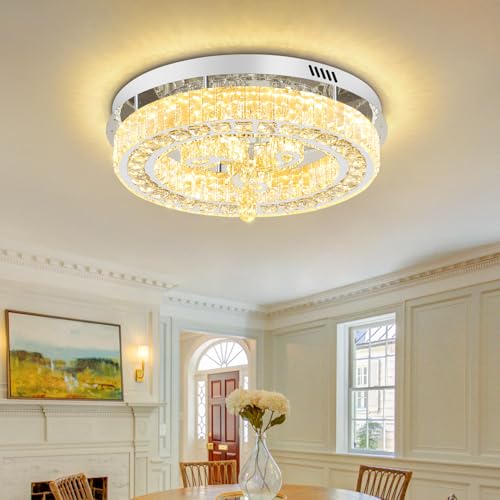 20'' Silver Modern Crystal Chandelier LED Dimmable Flush Mount Crystal Ceiling Light for Living Room Bedroom Dining Room (20in Silver)