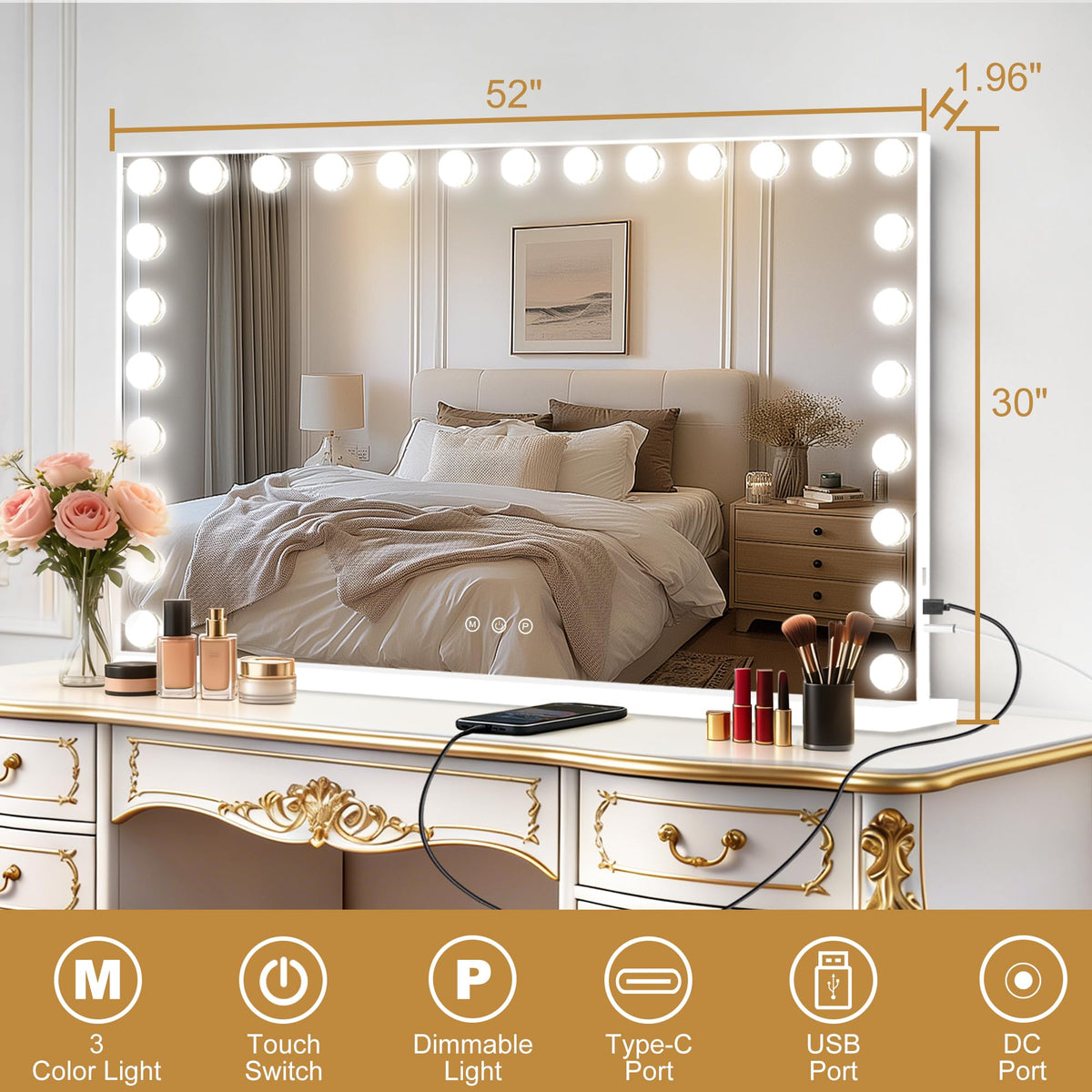 Vanity Mirror with Lights (White / 52"L x 30"W)