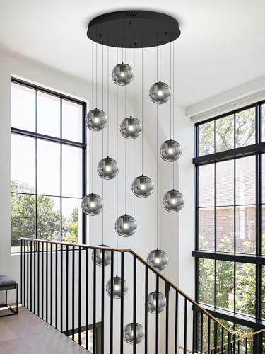 H138 Modern Smoke Gray Glass Globe Chandelier Large Chandeliers for High Ceiling 15 (Smoke Grey / Globe 15-Light)