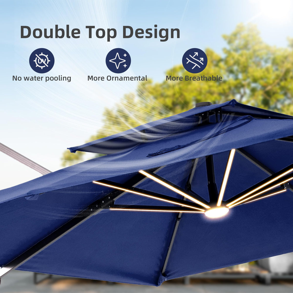 9x12 FT Patio Cantilever Outdoor Offset Umbrella with LED Lights (Navy)