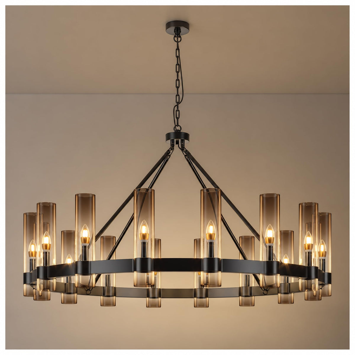 48 Inch Wagon Wheel Chandelier with Glass Shade (Black 48Inch 16Light B / 48IN-B)