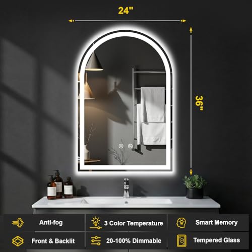 Arched LED Bathroom Mirror with Lights (3 Light Modes Arched / 36"L x 24"W)