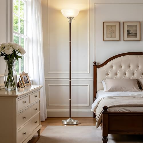 72" Wood Torchiere Floor Lamp with Glass Shade Walnut Standing Lamp (Walnut)