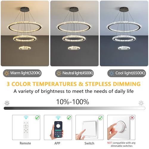 Modern Ring Crystal Chandelier Remote Dimmable LED Ceiling Light Fixtures Stainless Steel Pendant Lighting for Living Room Dining Room Bedroom