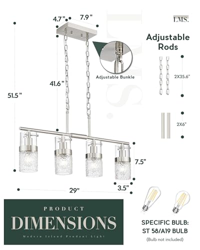 4 Light Brushed Nickel Island Chandelier Lights for Kitchen (Silver -Hammered Glass / 3.5" Hammered Glass, 4-Light)