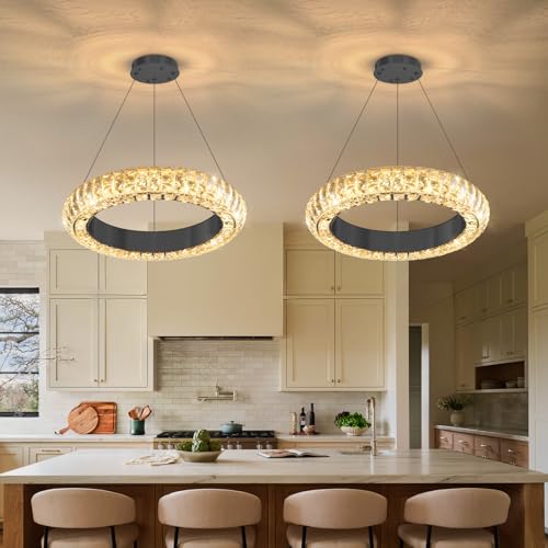 16" Ring Modern LED Dimmable Crystal Chandelier Adjustable Height Pendant Light Round Crystal Chandelier Light Fixtures for Dining Room Living Room Kitchen Island Black (Black / 1 Ring Round 16")