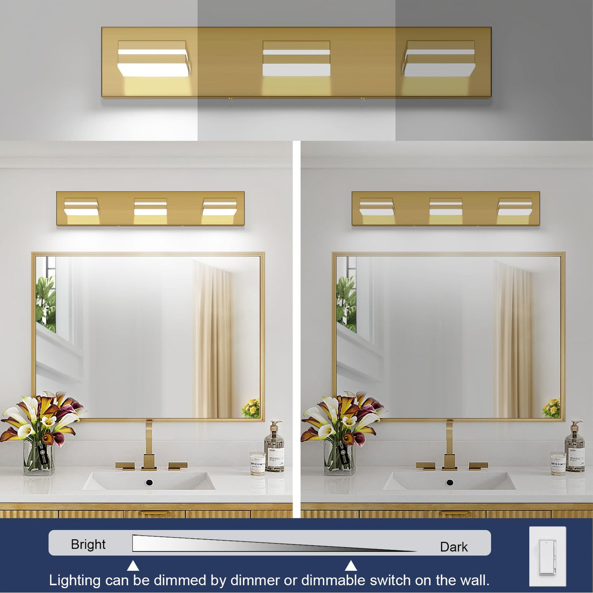 LED Modern Bathroom Vanity Light Fixtures (3-Light, 24-Inch / Brass, 100%-0% White)