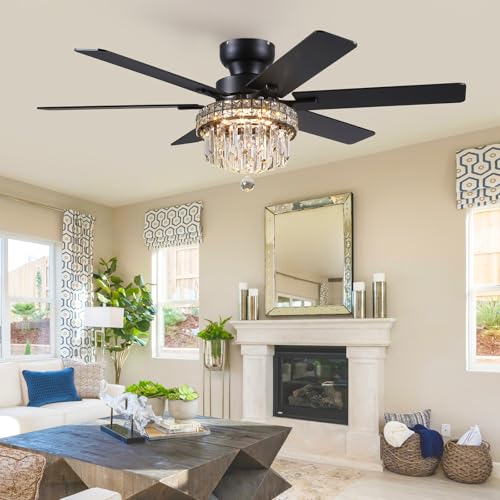 52" Low Profile Crystal Ceiling Fans with LED Lights and Remote (Black-52IN-5019)