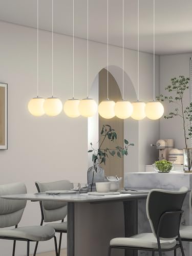 Chandeliers for Living Room Silver Pendant Light with White Globe Glass Dimmable Ceiling Light Rectangular Flush Mount Chandeliers Ceiling Light for Kitchen Island (Silver-White / Rectangle 10-Light)