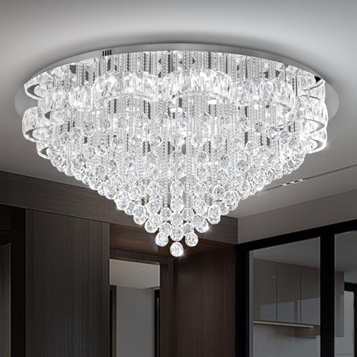 48in Chrome Crystal Chanderliers for Living Room Entryway Modern Crystal Folwer Ceiling Light for Foyer LED Dimmable Lighting 2700k 4500k 6000k (Silver / 48inch)