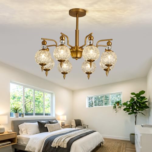 Vintage Gold Sputnik Chandelier 8 Lights Crystal Adjustable Hanging Ceiling Light Fixture Antique Large Pendant Lighting with Glass Globe Shade for Living Room Dinning Room Bedroom Kitchen (Gold / 8 light)