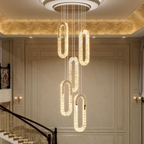 Modern LED Chandelier 5 Ring LED Pendant Light Adjustable Height Hanging Chandelier for Staircase Foyer (Silver / 5 Rings (New))