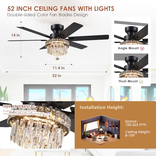 52" Low Profile Crystal Ceiling Fans with LED Lights and Remote (Black-52IN-5019)