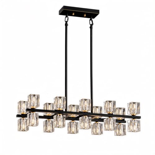 24 Light Linear Crystal Chandelier for Dining Room Kitchen Island 36inch (Black+gold(20Lights）)