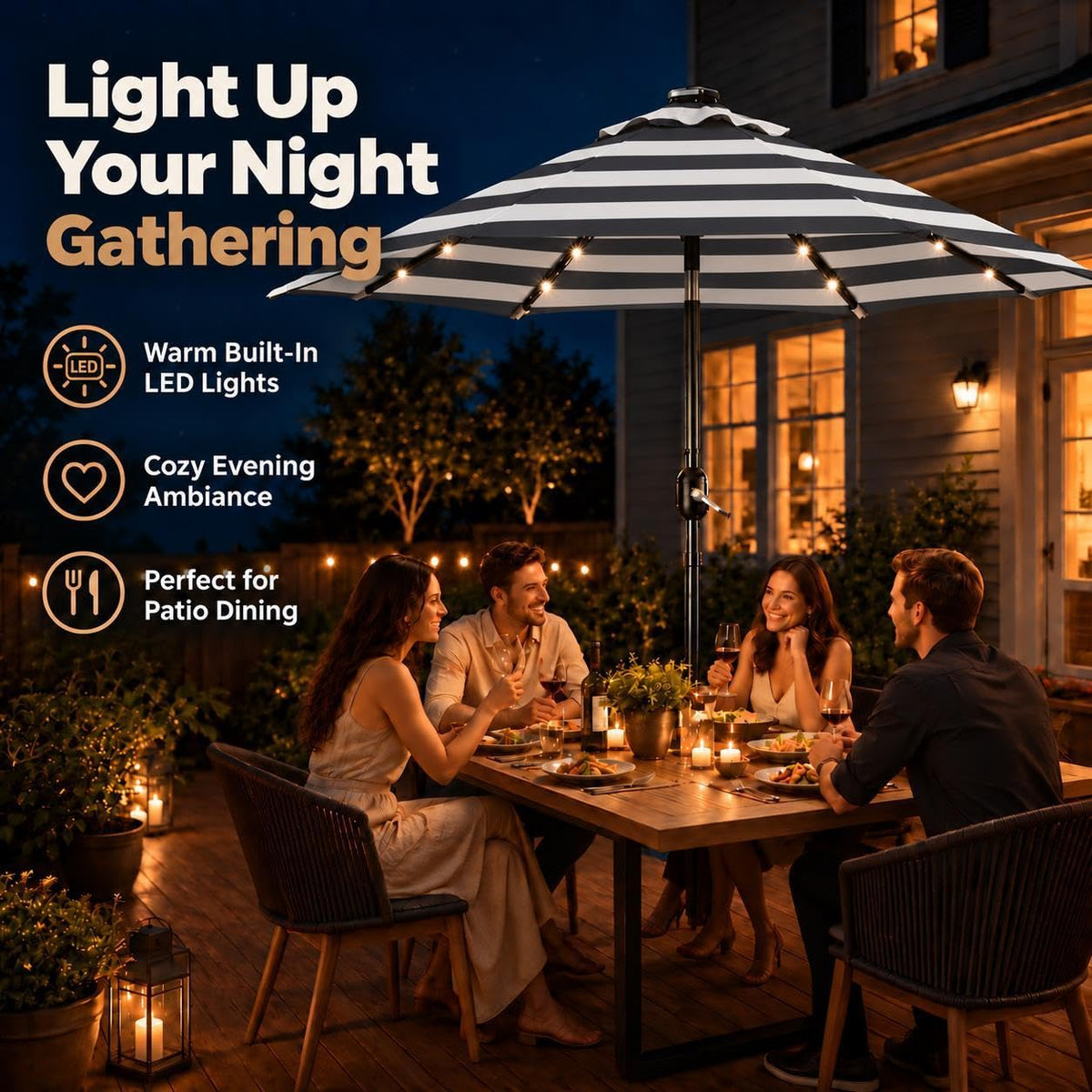 9FT Solar Patio Umbrella w (Black/White / 9FT)