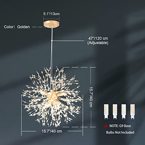 Modern Crystal Chandelier Light Fixture Gold Firework Dandelion LED Bedroom Kitchen Island Pendant Ceiling Chandeliers for Living Room Dining Room