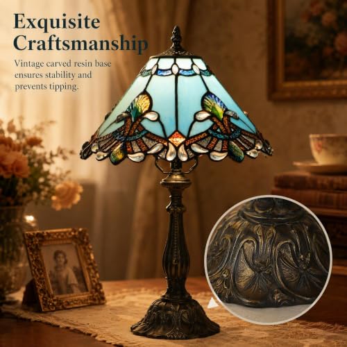 Tiffany Table Lamp Stained Glass Bedside Reading Light W12H19 inch (Sapphire Baroque Style)