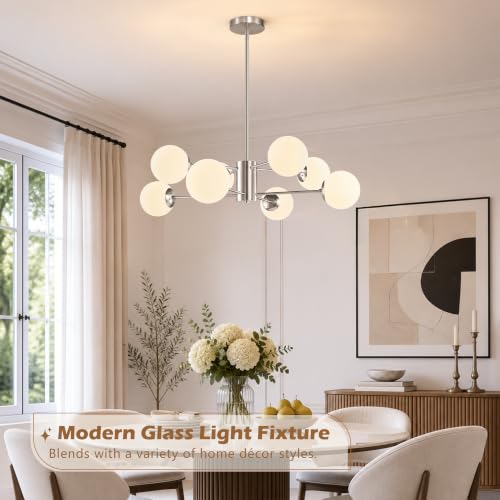 8-Light Mid-Century Modern Nickel Sputnik Chandeliers Dining Room (Milk, Nickel, L)