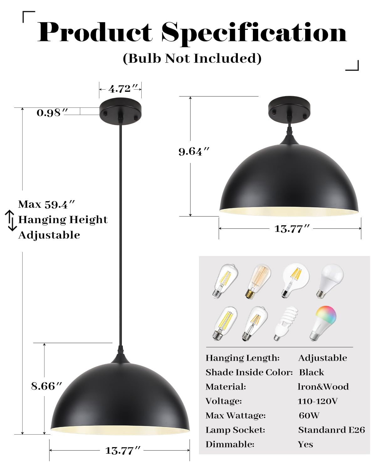 14 Inch Black and White Dome Pendant Light (Black+White / 14"x2)