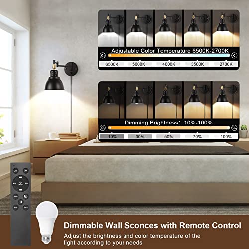 Wall Sconces Plug in (2 Pack - Bulbs and Remote Control)