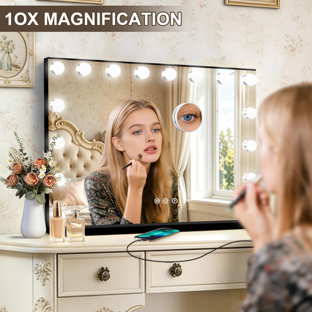 Black Hollywood Vanity Mirror with Lights (Black / 26"L x 20"W)