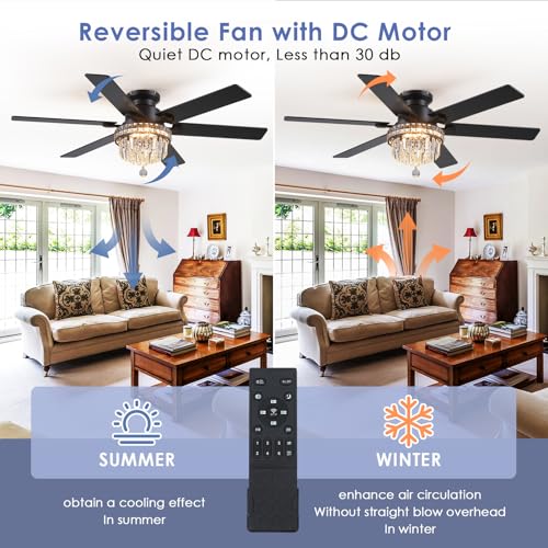 52" Low Profile Crystal Ceiling Fans with LED Lights and Remote (Black-52IN-8341)