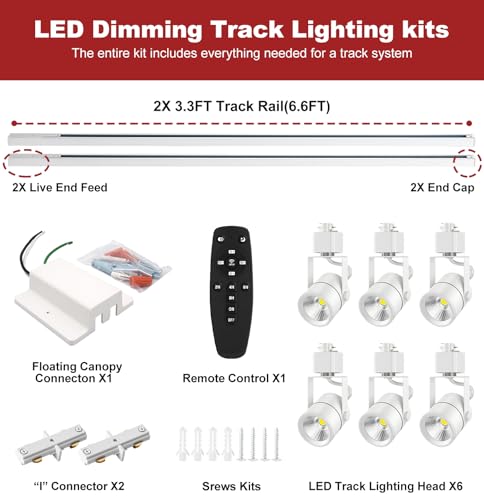 6 Light Track Lighting Kit with 6.6FT H Type Track Lighting Rail and Floating Canopy Connector (White / 6 Lights)