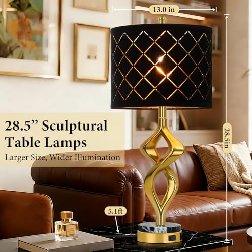 28.5’’ Gold Modern Sculptural Bedside Table Lamps Set of 2 for Living Room (Black)