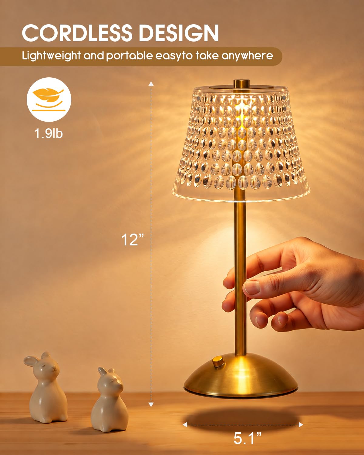 Rechargeable Cordless Table Lamp (Gold-Bubble Dot)