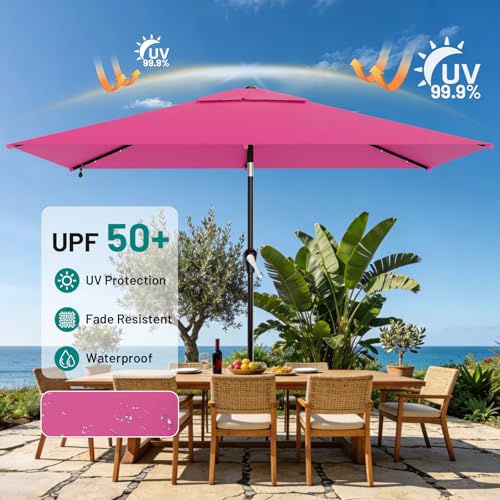 6.5' x 10' Rectangular Patio Umbrella with Solar Lights (Rose Pink / 6.5X10 FT)