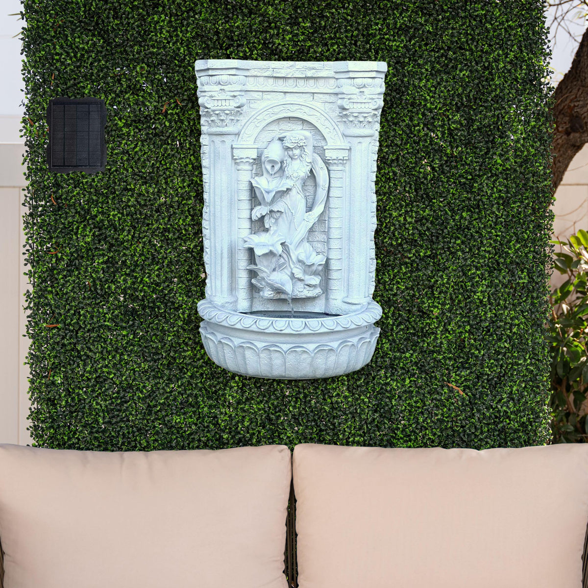 30.3" Solar Powered Outdoor Wall Fountain with Flower Maiden Statue (White)