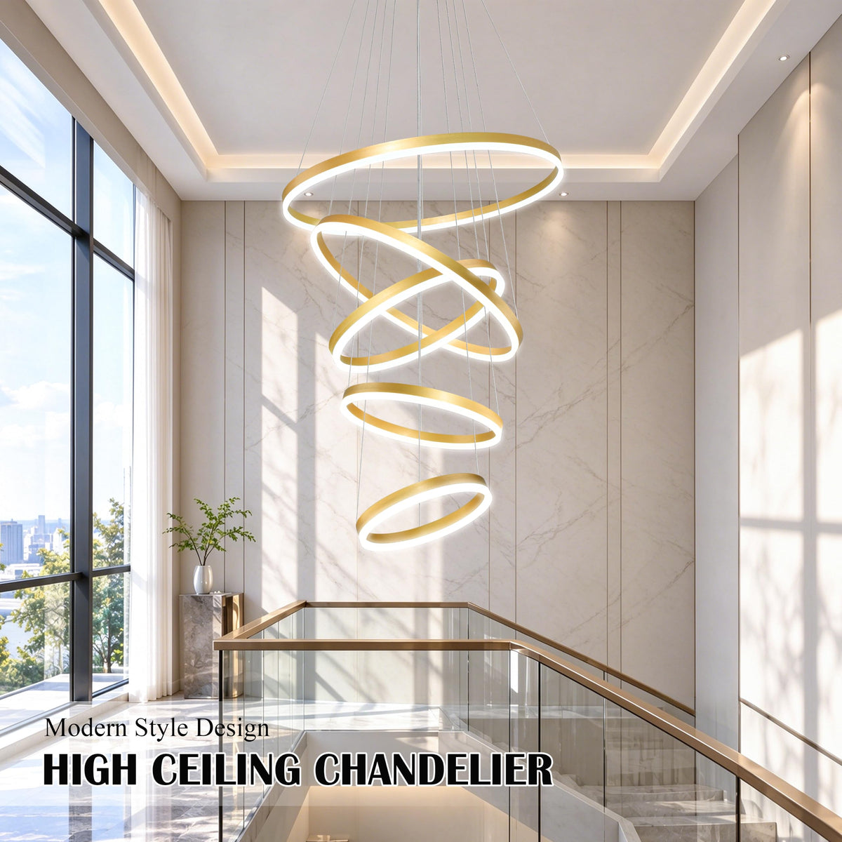 5 Rings Pendant Lights Modern Gold Led Chandelier Gold Modern Led Pendant Light Dimmable Height Adjustable Chandeliers for Dining Room Bedroom Entryway Living Room Foyer (Gold / 5Ring-23.6")