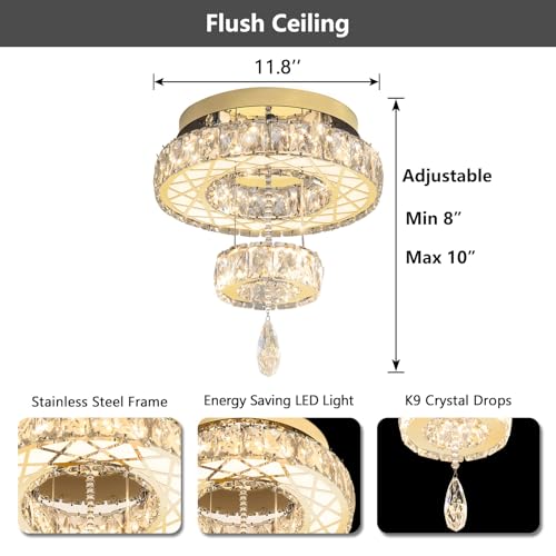 Modern Glam Ceiling Chandelier Bedroom Light Fixtures Crystal Flat Sloping Ceiling Lights for Hallway Kitchen Dining Room Dimmable Light with Remote Gold (12 inch / Gold)