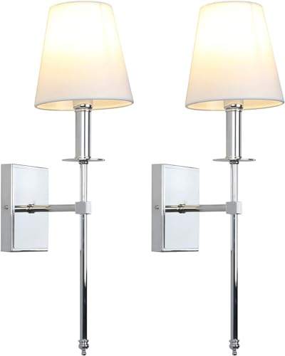 Set of 2 Classic Rustic Industrial Wall Sconce Lighting Fixture with Flared White Textile Lamp Shade and Antique Brass Tapered Column Stand