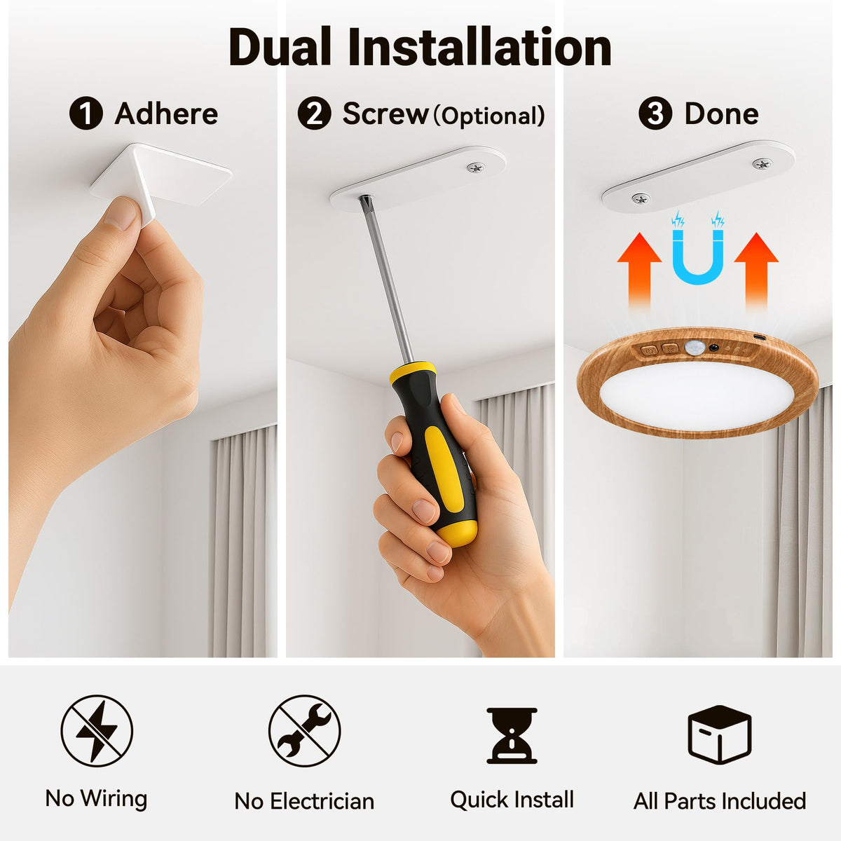 Wireless Rechargeable Ceiling Light with Remote (Light Wood / 8 Packs)