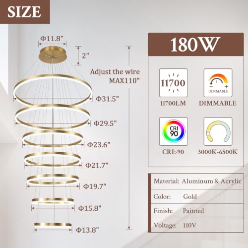 7 Rings D31.5in Modern LED Chandelier Gold Dimmable High Ceiling Chandeliers Foyer with Remote Control for Staircase Entryway Dining Room Living Room (Gold / 7 Rings 31.5in)