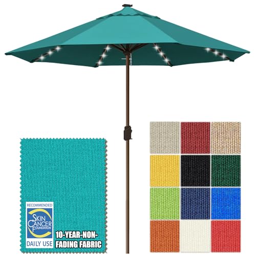 USA 10-Year-Non-Fading 10ft Market Patio Umbrella, Commercial Grade Table Sun Umbrella with 80 Solar LED Lights, Crank Open, Windproof & UPF 50+ UV Protection for Garden, Deck, Pool, Backyard, No Tilt, Teal (Teal / 10FT(Single Vent No Tilt))