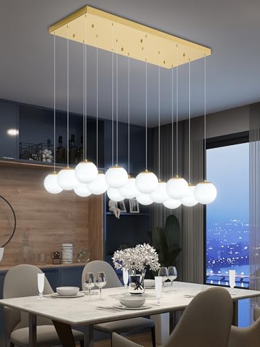 16 Light Gold Chandelier with White Globe Glass Dimmable Ceiling Light Glass Pendant Light for Kitchen Island (Gold-White / Rectangle 16-Light)