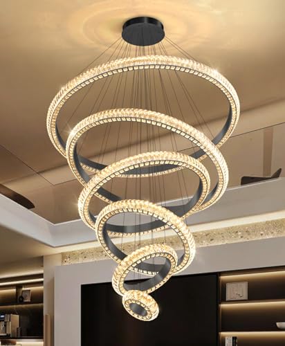 47" 6 Ring Crystal Chandelier Modern LED Dimmable Ring Pendant Light Chandelier for Dining Room Living Room Black (Black / 6 Ring Round 47")