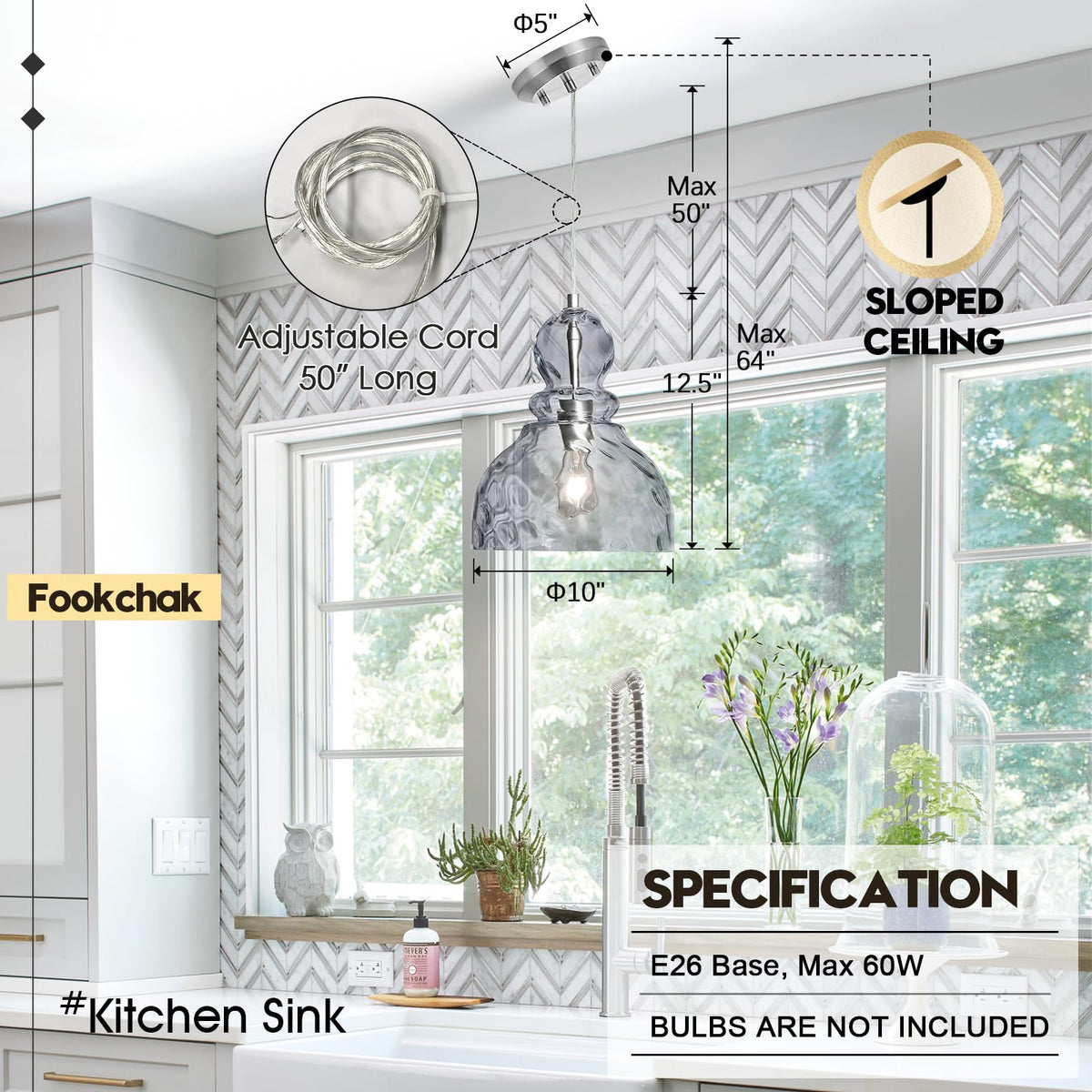 10in Modern Hammered Glass Pendant Light Smoked Grey Kitchen Island Lights (Smoky Grey)