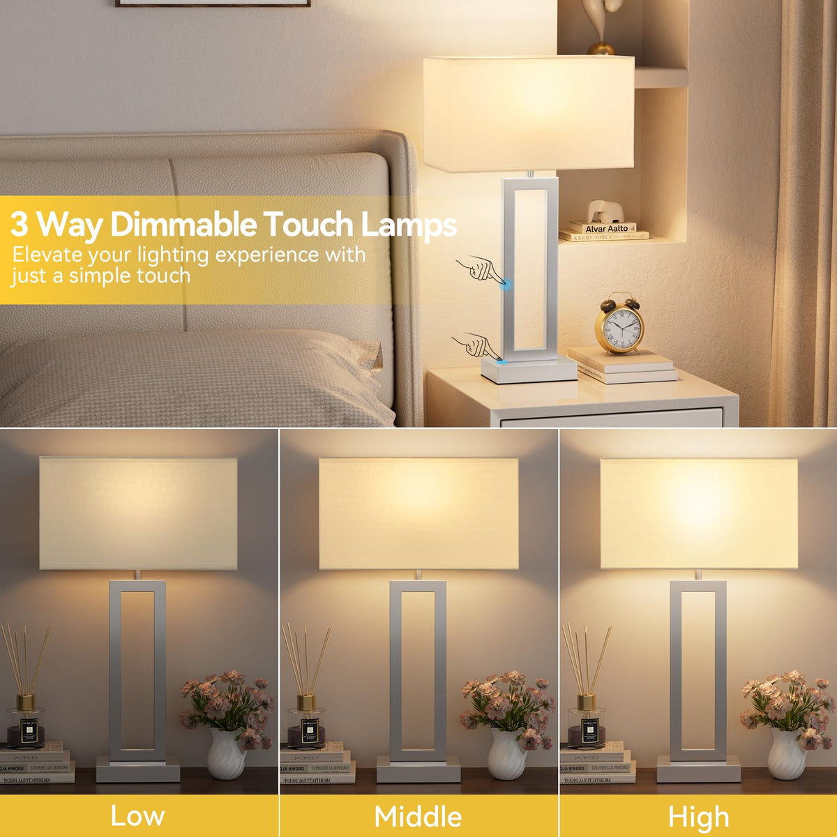 26" Tall Touch Lamps for Nightstand with USB C+A (D. White&Silver / Large(26in))