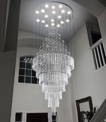 W40 x H120 Glam Chandelier with LED Bulbs Crystal Raindrop High Ceiling Pendant Light for Entrance Large Villa Chandelier Foyer Lighting Fixtures Silver (Silver / Round W40" X H118")