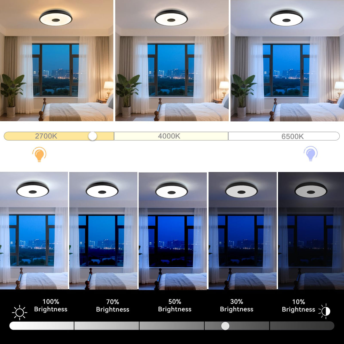 Black Waterproof LED Flush Mount Ceiling Light Fixture (Black-Dimming Function+Bluetooth / 11-inch)