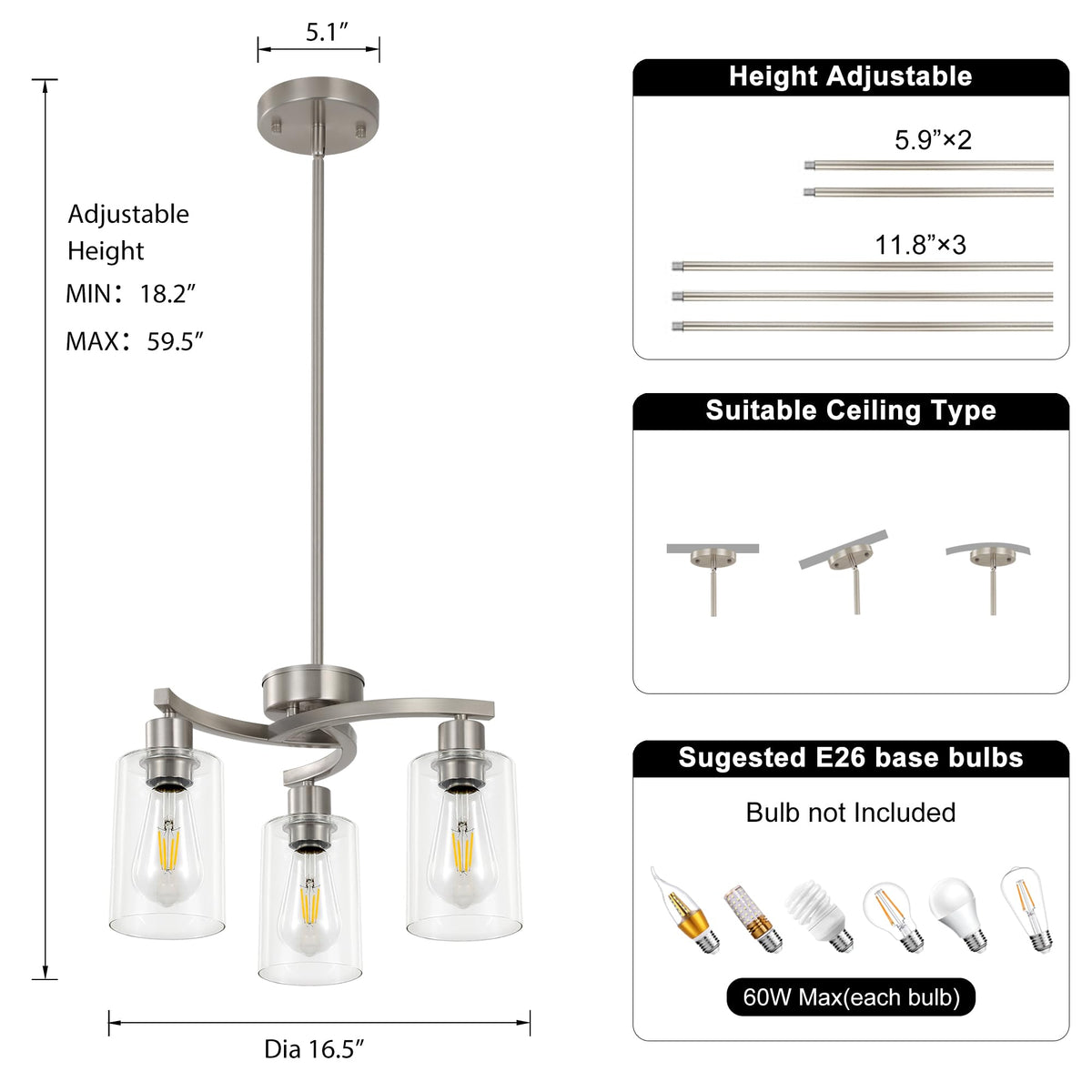 3 Light Brushed Nickel Dining Room Light Fixture (Brushed Nickel / 3-Light)