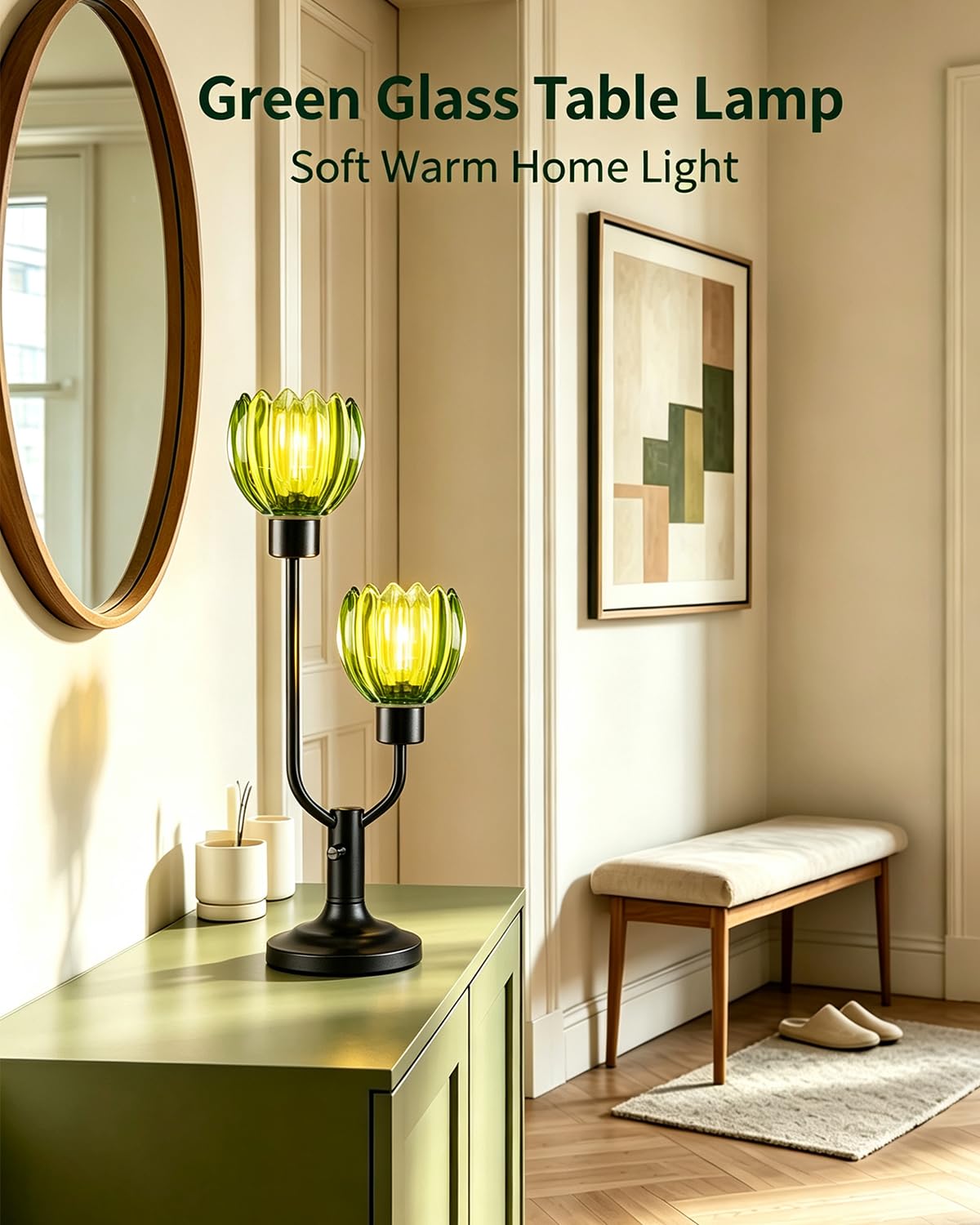 Vintage Green Glass Flower Table Lamp Dimmable Nightstand Lamp (01-Black-Green-Bud)