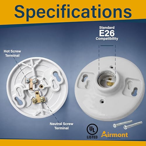 4 Pack) Porcelain Outlet Box Mount, Keyless Lamp Holder, E26 Medium Base Light Socket, Light Bulb Socket Replacement, 660W, White Ceramic Light Base for LED & Incandescent Bulbs, Lamp Socket (Porcelain Keyless)